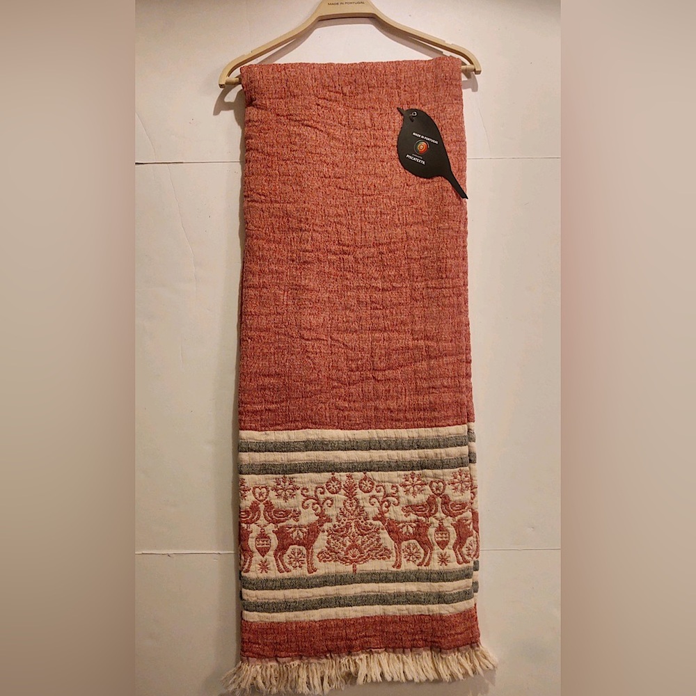 🎁Piscatextil Holiday Throw Blanket - Red Heather with Stripes & Adornments